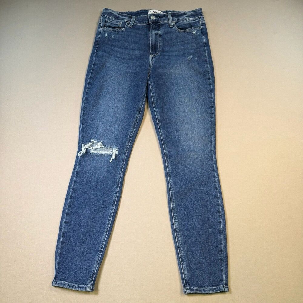 PAIGE Hoxton Ankle Jeans Dark Wash Sz 30 High Rise Stretch Denim 30x27 Distress